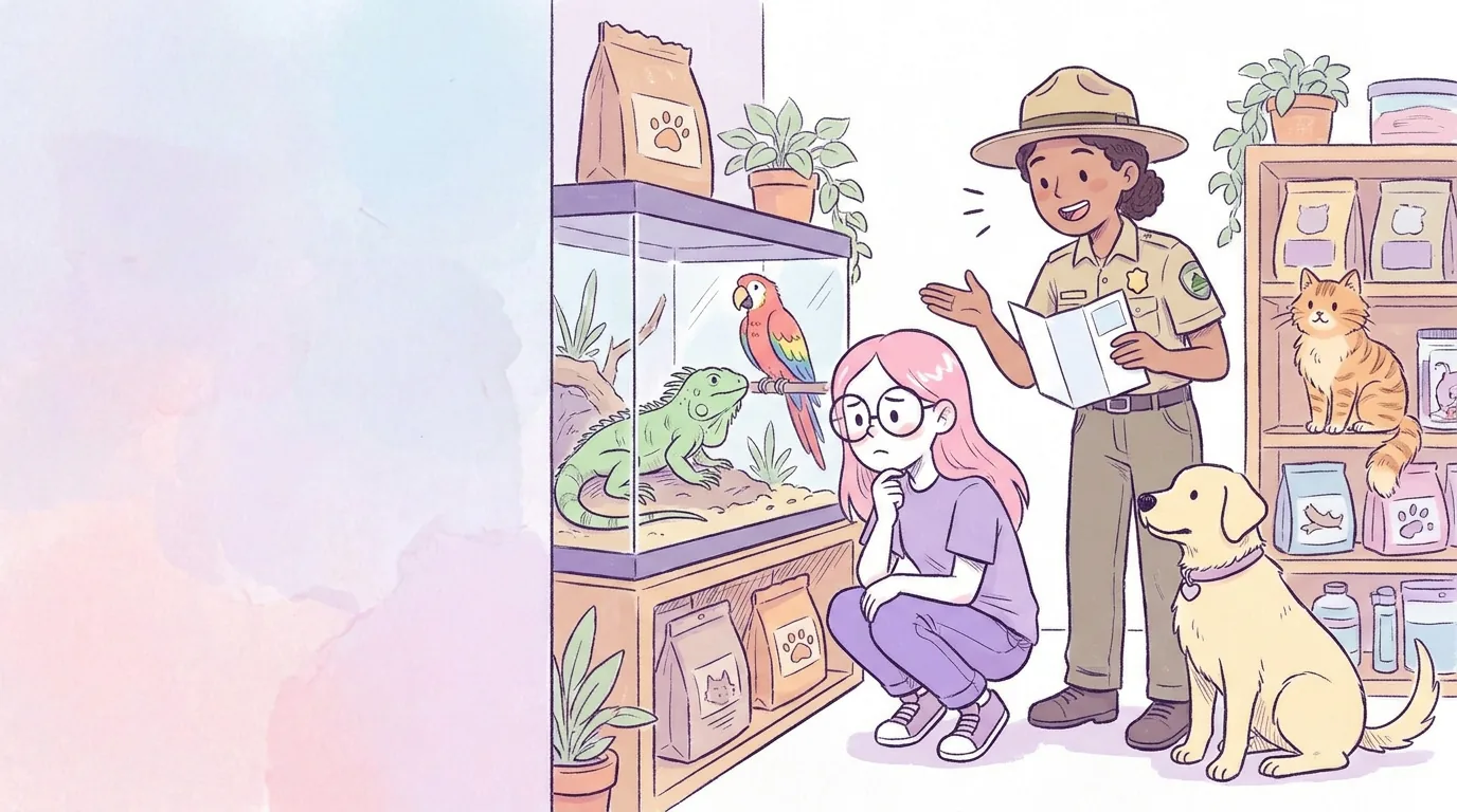 Ilustración: mila en una tienda observa con duda un terrario con una iguana y un loro, mientras un guardaparques amable explica con un folleto sin texto