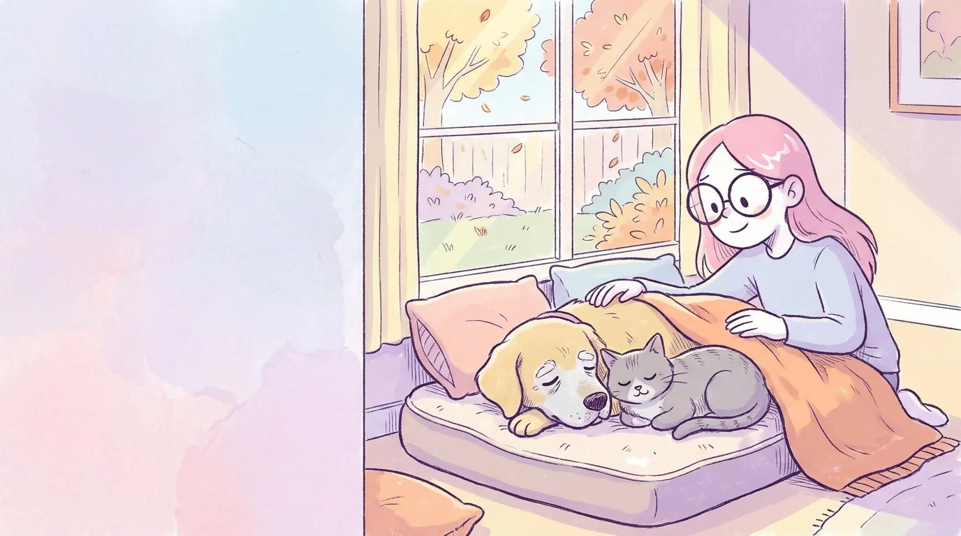 Ilustración: un perro mayor de hocico canoso y un gato gris anciano descansan juntos en una cama ortopédica junto a una ventana, Mila los tapa con una manta