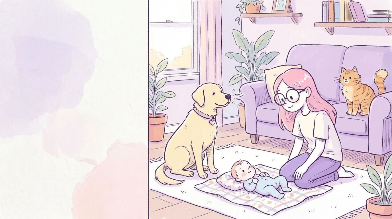 Ilustración: mila y su familia en la sala: un bebé en una manta, Térra olfatea con calma desde una distancia prudente y un gato naranja mira desde el sofá