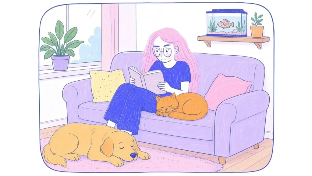 Ilustración de una sala de departamento con una mujer de pelo rosa, un golden retriever, un gato naranja y una pecera
