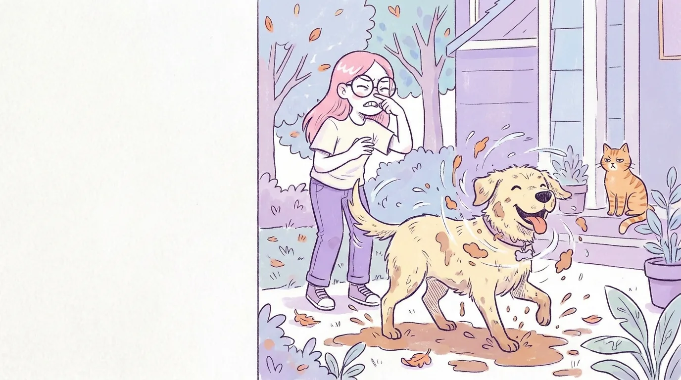 Ilustración: mila se tapa la nariz con humor mientras Térra mojada se sacude después de revolcarse en el barro del jardín