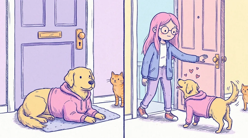 Ilustración en dos escenas: un golden retriever espera acostado junto a la puerta con una sudadera rosa entre las patas y luego recibe feliz a una mujer de pelo rosa que vuelve a casa