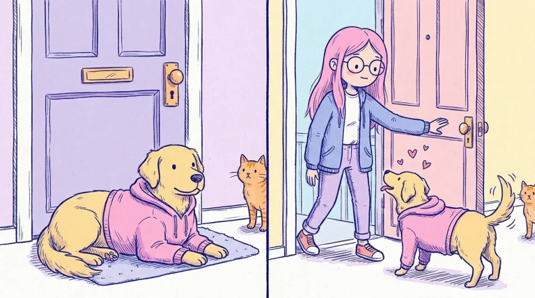 Ilustración en dos escenas: un golden retriever espera acostado junto a la puerta con una sudadera rosa entre las patas y luego recibe feliz a una mujer de pelo rosa que vuelve a casa