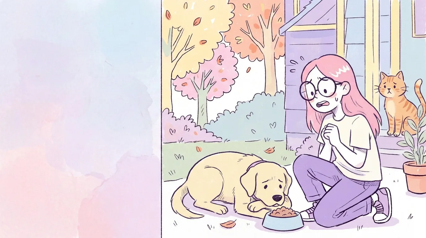 Ilustración: térra mira sin ganas su plato lleno, recostada, mientras Mila la observa preocupada sentada en el suelo