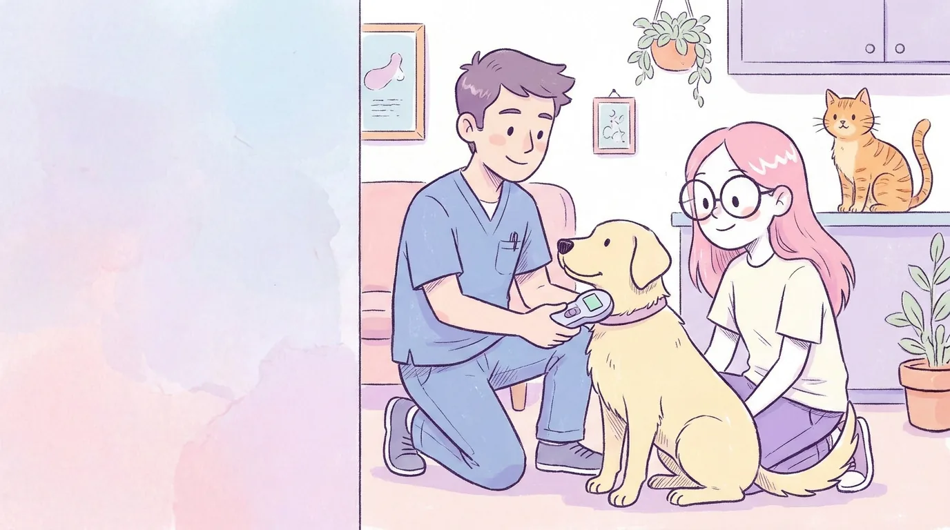 Ilustración: veterinario amable pasa un lector de microchip sobre el cuello de Térra mientras Mila observa tranquila