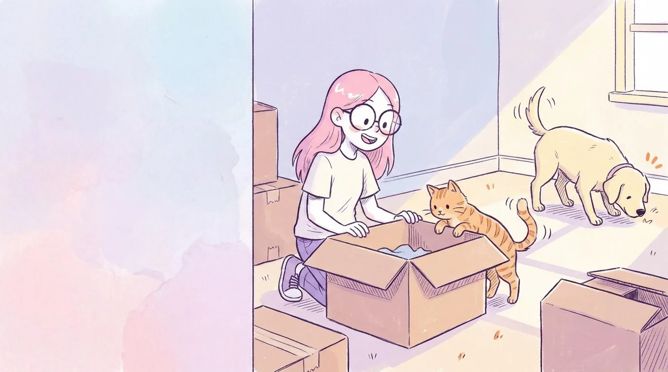 Ilustración: mila entre cajas de mudanza en una casa nueva, el gato naranja explora una caja y Térra olfatea la habitación