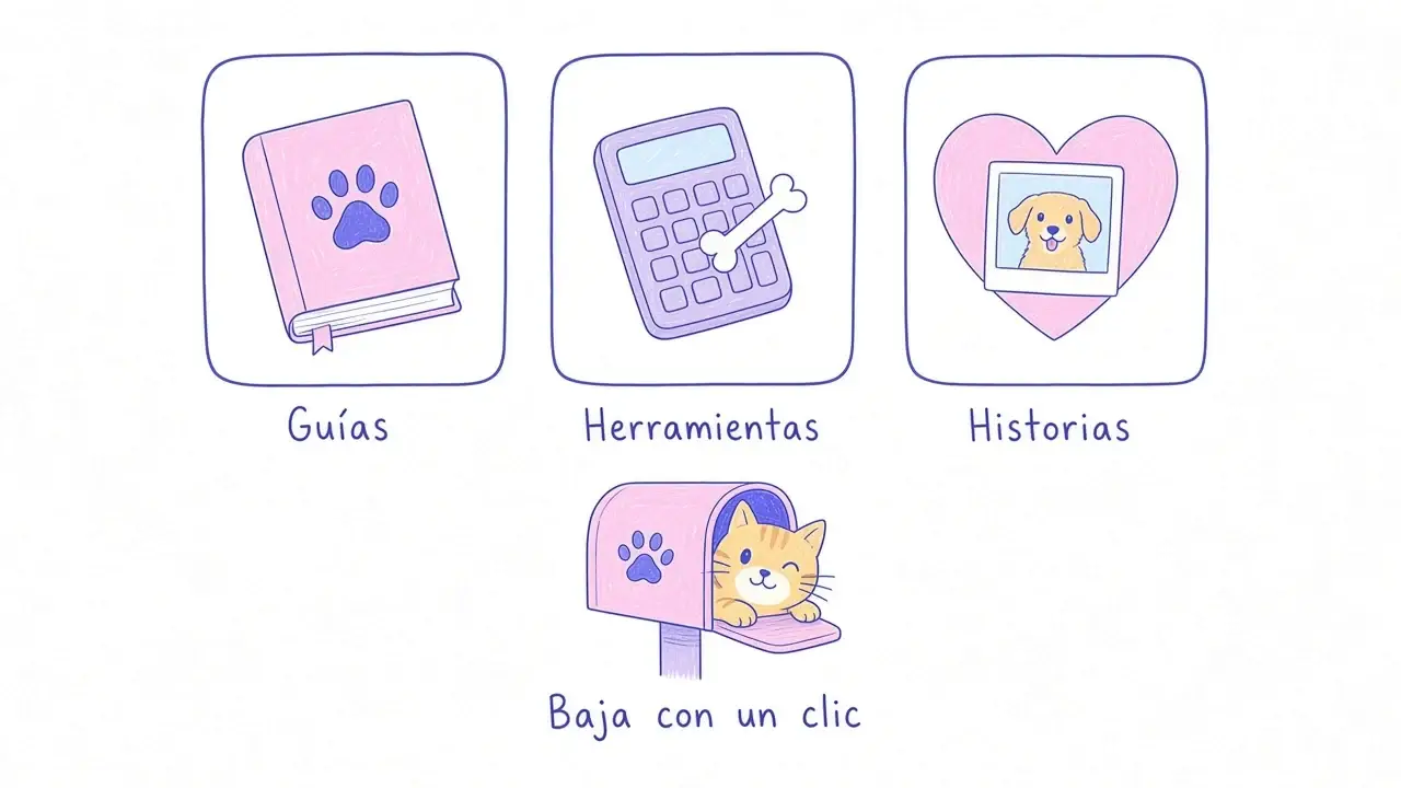 Infografía ilustrada con tres tarjetas (guías, herramientas e historias) y un buzón con un gato con el rótulo «Baja con un clic»
