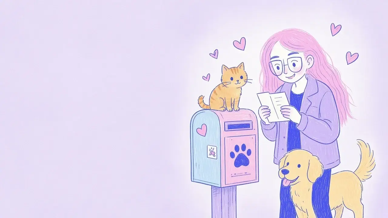 Ilustración de una mujer de pelo rosa con gafas leyendo una carta junto a un buzón con una huella, con un golden retriever y un gato naranja
