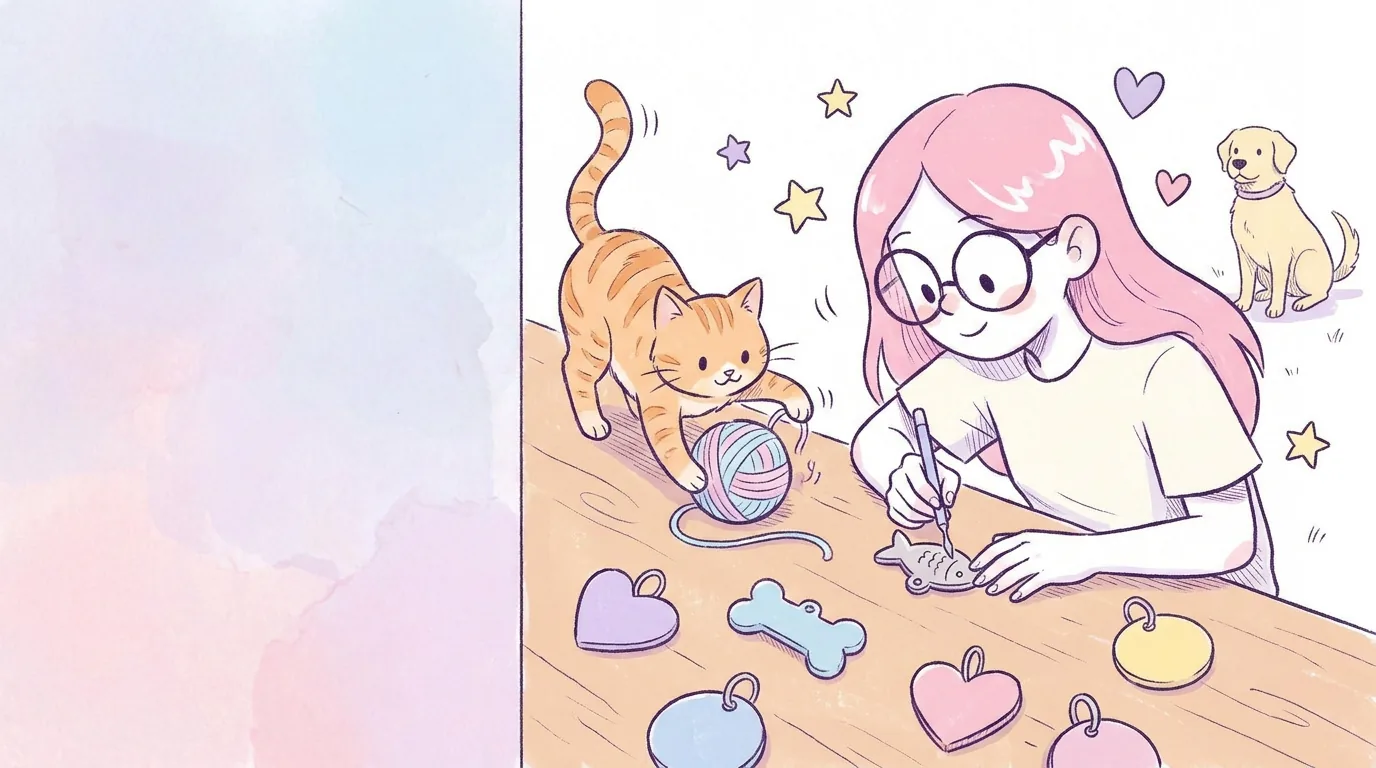 Ilustración: mila escribe en una placa con forma de pez para un gato naranja atigrado que juega con un ovillo; varias placas de colores sin letras sobre la mesa