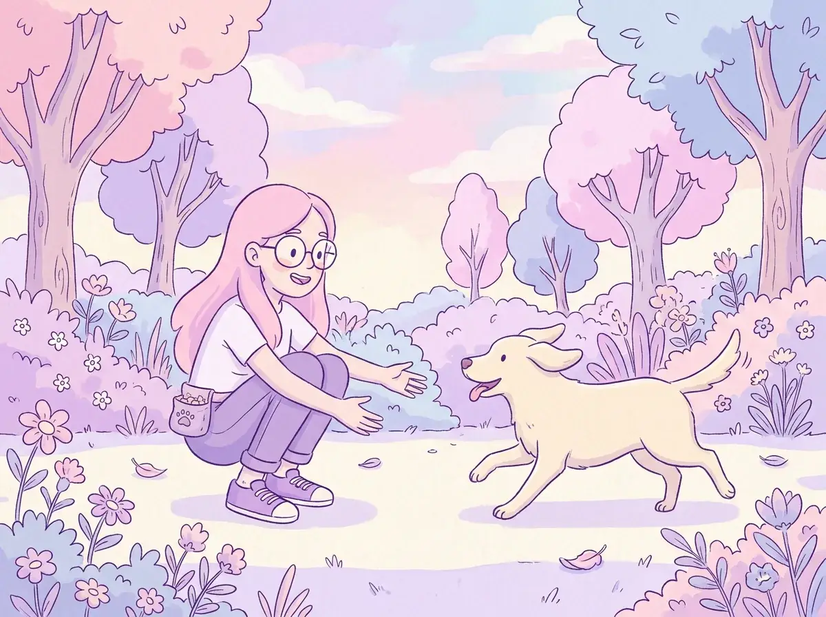 Ilustración de Mila llamando a Térra con los brazos abiertos en un parque pastel mientras la labradora corre feliz hacia ella