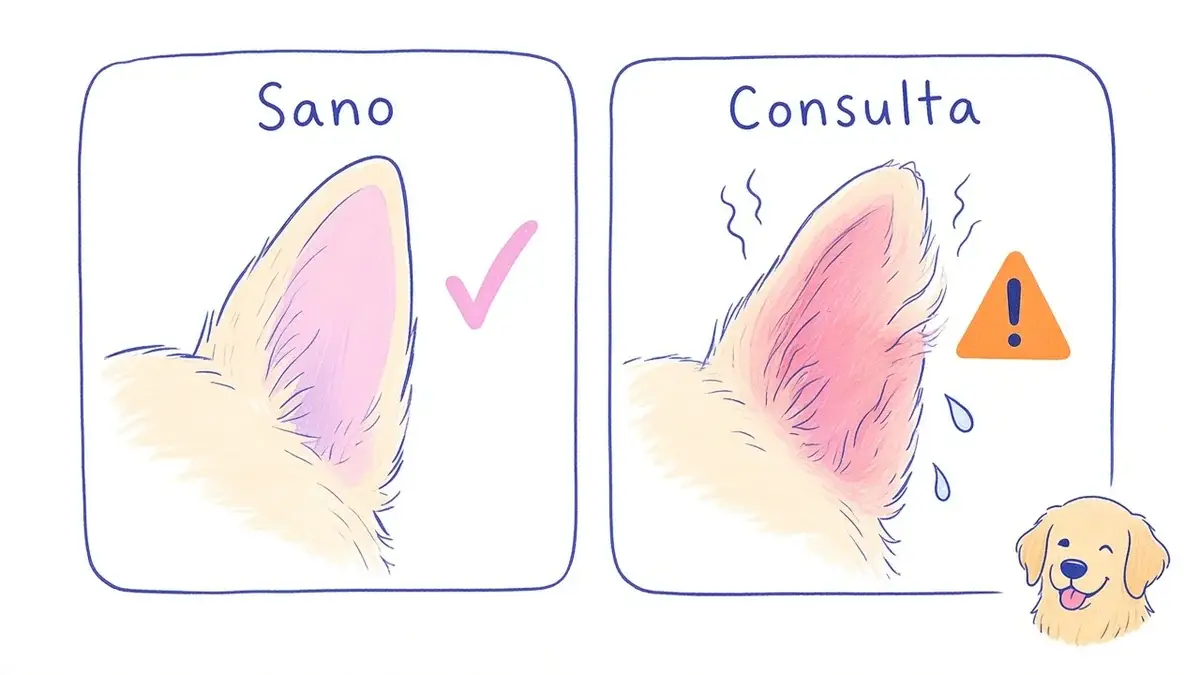 Oído sano u oído que necesita veterinario Infografía ilustrada que compara un oído de perro sano con uno que presenta señales de alarma