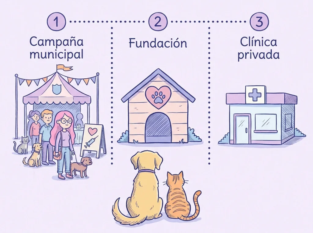 Infografía ilustrada con tres opciones para esterilizar a una mascota: una carpa de campaña municipal, la casita de una fundación protectora y una clínica veterinaria privada, con un golden retriever y un gato naranja mirando