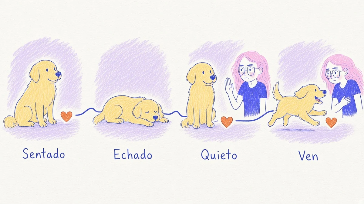 Infografía ilustrada con cuatro órdenes básicas: sentado, echado, quieto y ven