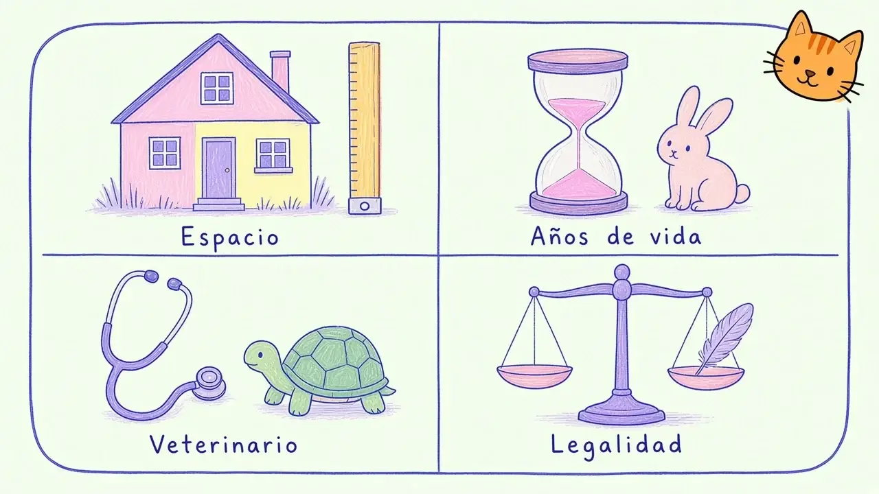 Infografía ilustrada con cuatro preguntas antes de elegir otra mascota: espacio, años de vida, veterinario especializado y legalidad