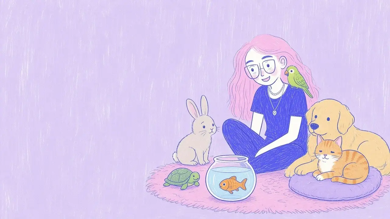 Ilustración de una mujer de pelo rosa con gafas sentada en el suelo con un conejo, un periquito, una pecera y una tortuga, junto a un golden retriever y un gato naranja