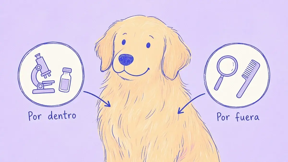 Infografía ilustrada con un golden retriever dividido en dos zonas: por dentro la barriga y por fuera la piel y el pelo