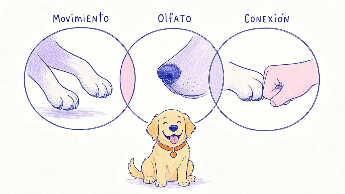Infografía ilustrada con tres íconos: movimiento, olfato y conexión