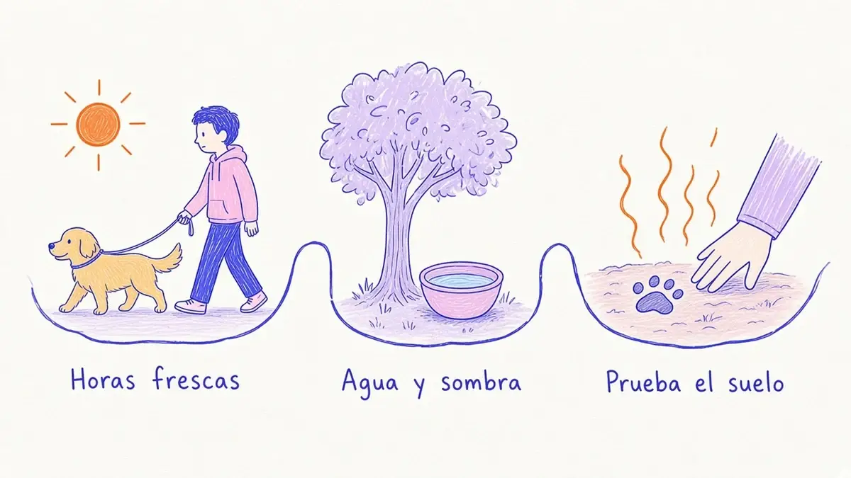Infografía ilustrada con tres claves para pasear con calor: horas frescas, agua y sombra, y suelo tibio
