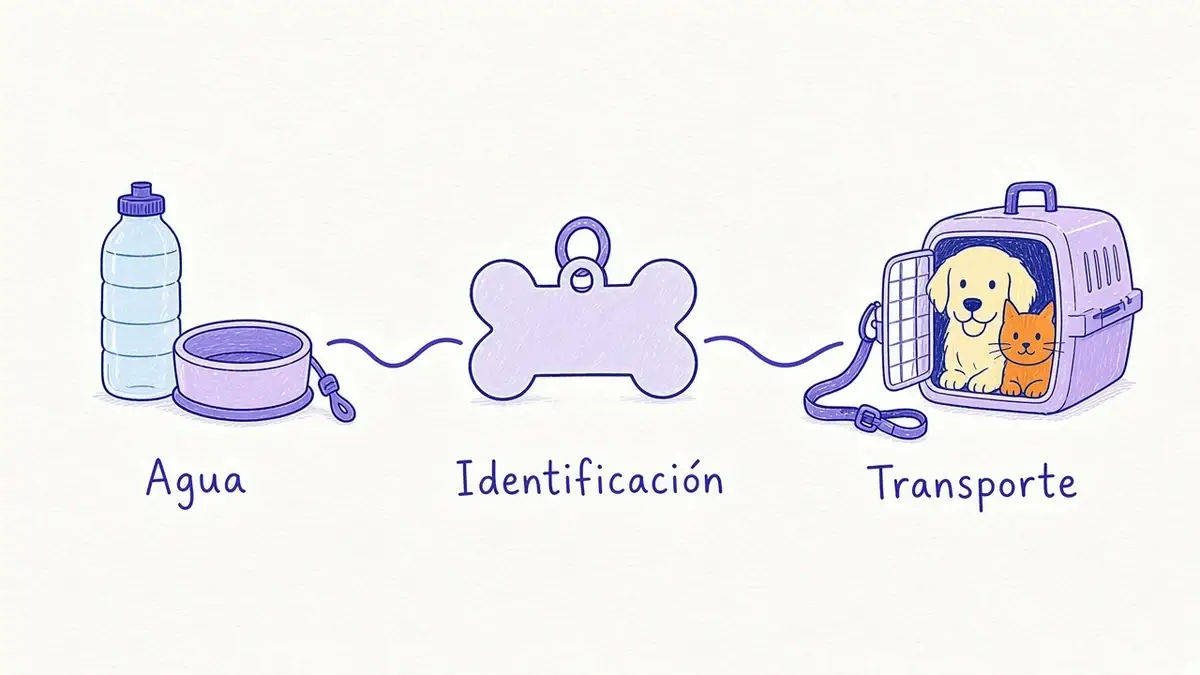 Infografía ilustrada con tres elementos para salir: agua, identificación y transportadora o correa