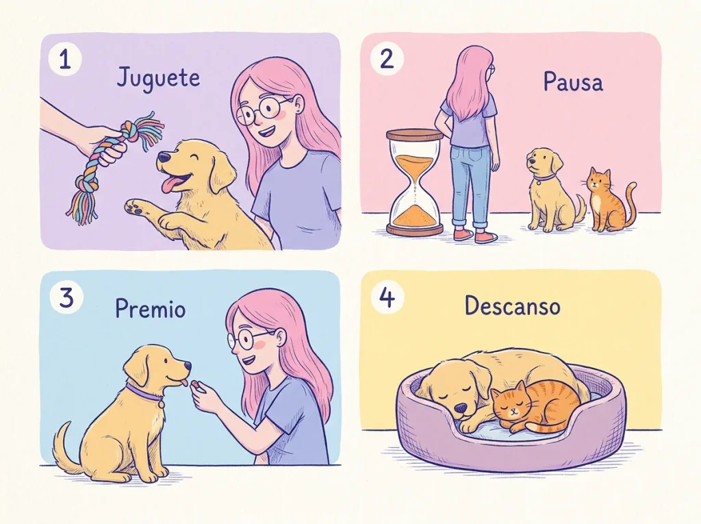 Infografía con cuatro pasos para enseñar a un cachorro a no morder: ofrecer un juguete, hacer una pausa, darle un premio y dejarlo descansar en su cama