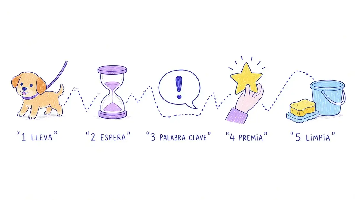 Infografía ilustrada con cinco pasos numerados: llevar al lugar, esperar, decir la palabra clave, premiar y limpiar sin regañar