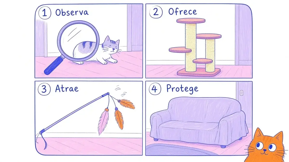 Cuatro pasos para que tu gato use el rascador Infografía ilustrada con cuatro pasos numerados: observar, ofrecer rascadores, hacerlo atractivo y proteger los muebles