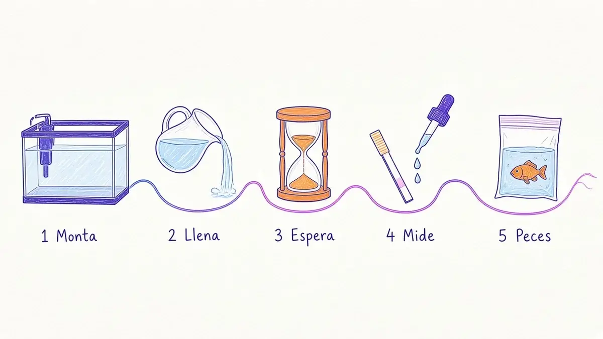 Infografía ilustrada con cinco pasos para montar un acuario: montar, llenar, esperar, medir e introducir peces