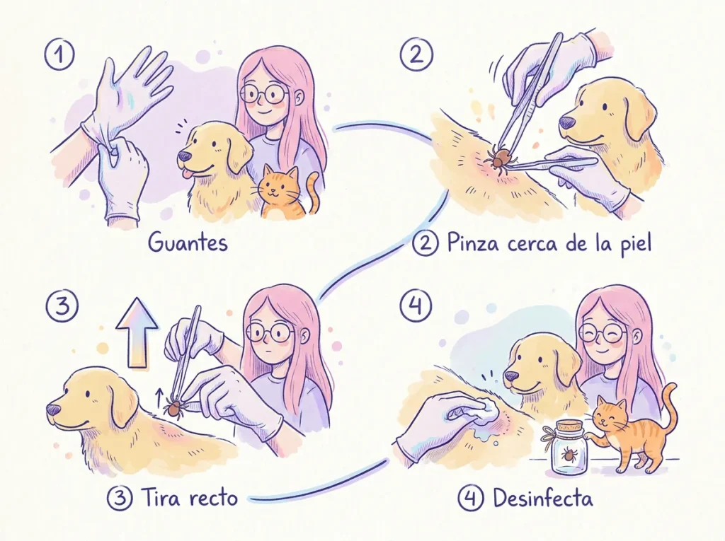 Pasos para quitar una garrapata a un perro Infografía con cuatro pasos para quitar una garrapata: ponerse guantes, sujetarla con una pinza cerca de la piel, tirar recto hacia arriba y desinfectar la zona