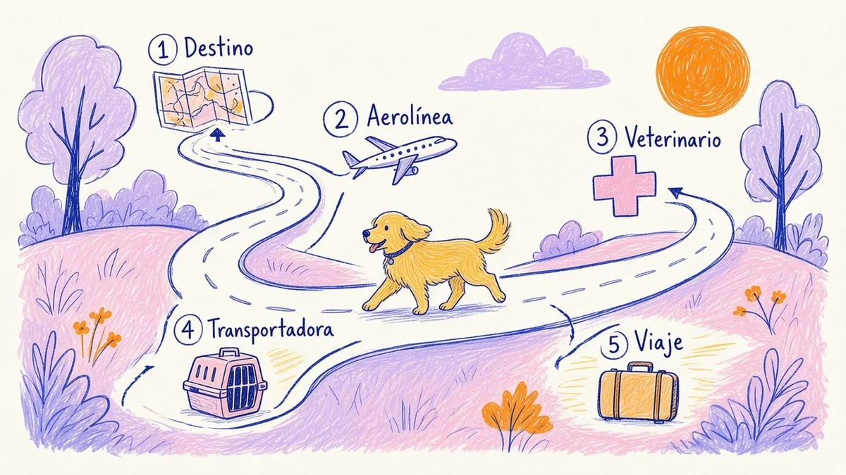 Infografía ilustrada con cinco pasos para viajar con un perro en avión