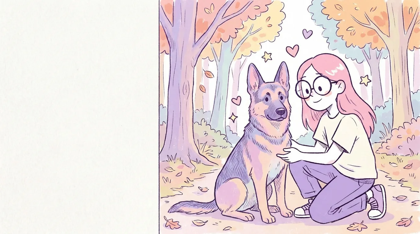 Ilustración: un pastor alemán atento y noble sentado junto a Mila en un sendero de bosque pastel, con orejas erguidas