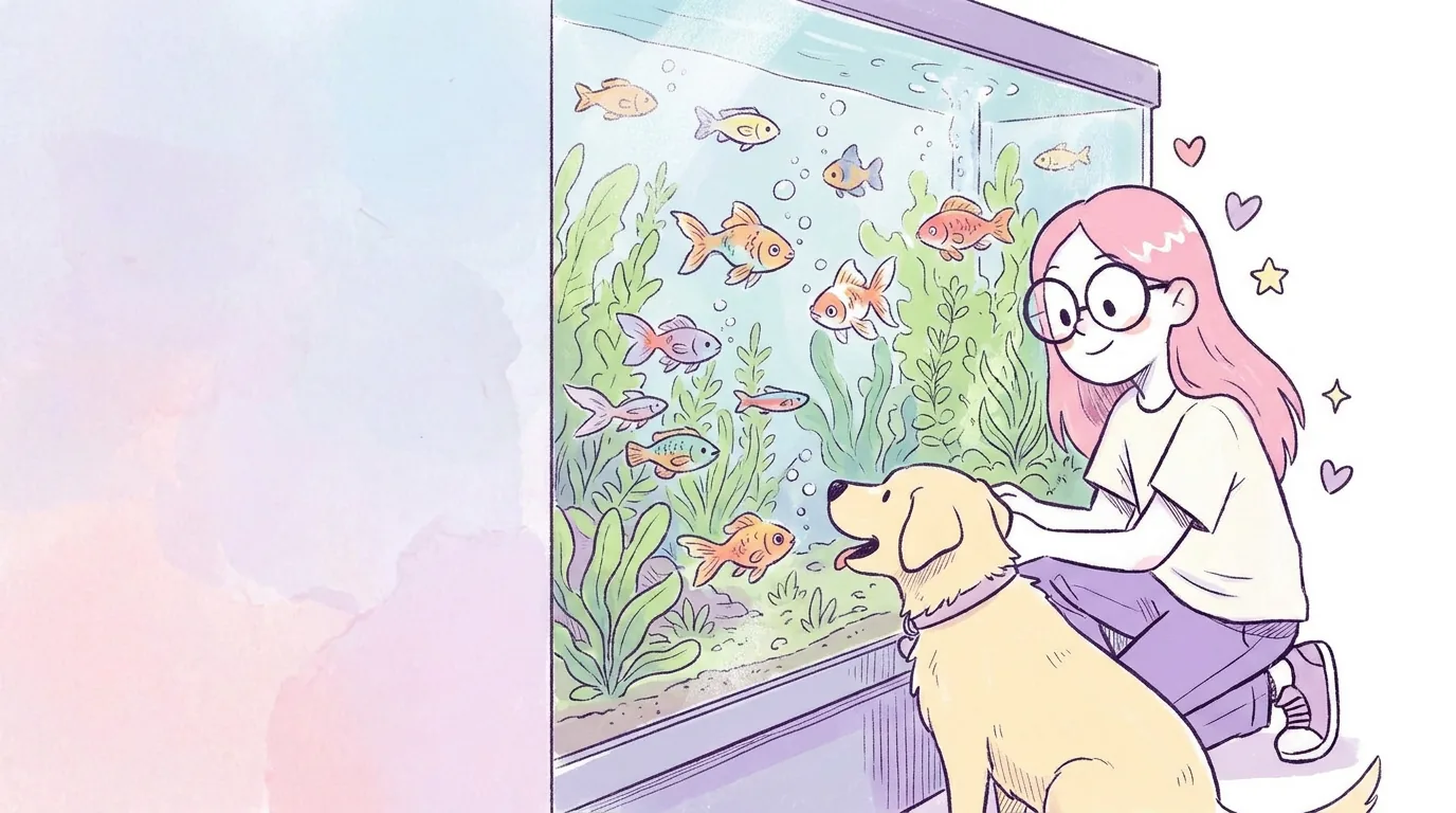 Ilustración: mila mira un acuario plantado con peces de colores nadando, burbujas y plantas verdes, Térra apoya la nariz en el vidrio