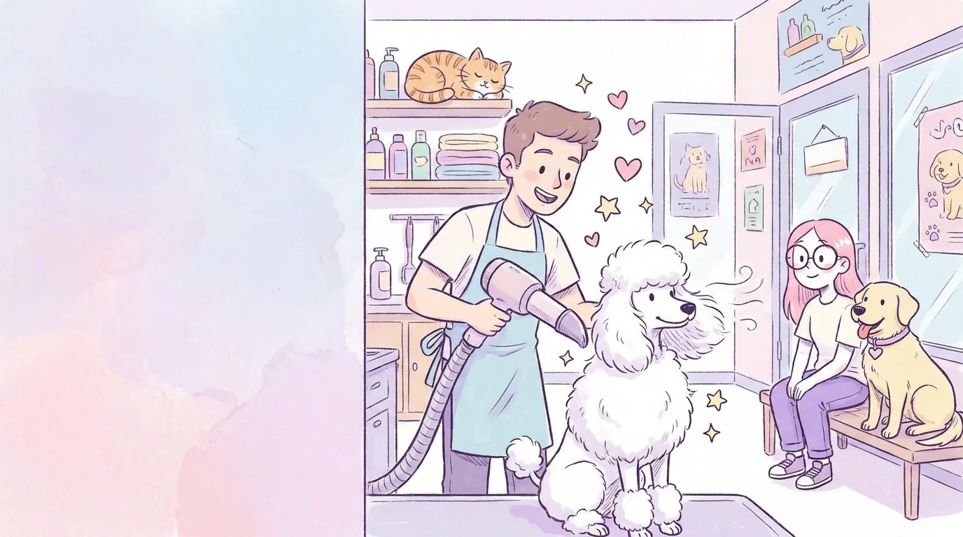 Ilustración: un groomer amable seca con secador a un poodle en una peluquería canina colorida mientras Mila espera con Térra