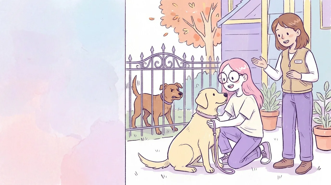 Ilustración: un perro tenso detrás de una reja con la cola rígida, mientras Mila mantiene a Térra a distancia y una adiestradora amable explica con calma