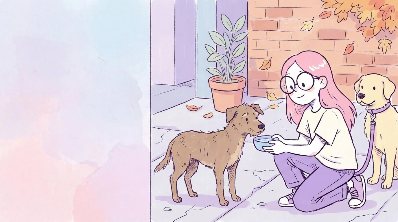 Ilustración: mila se agacha con calma ofreciendo agua a un perro callejero delgado en una vereda, Térra observa desde atrás con correa