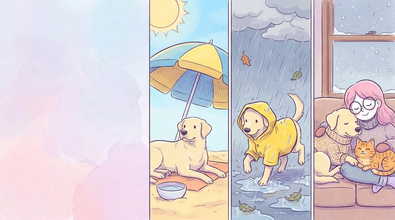 Ilustración: escena dividida en tres: Térra bajo una sombrilla con agua en un día soleado, con impermeable amarillo bajo la lluvia, y con suéter en el frío junto a Mila
