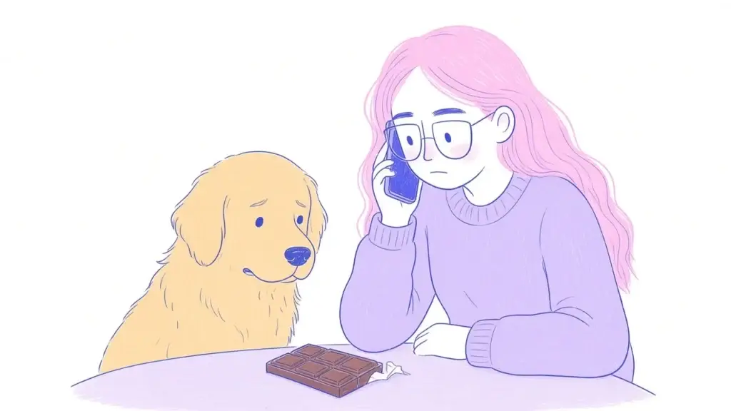 Ilustración de una mujer de pelo rosa y gafas redondas llamando por teléfono mientras su golden retriever mira una barra de chocolate