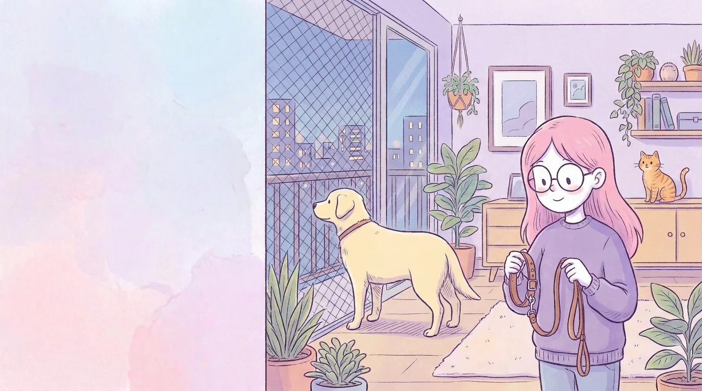 Ilustración: mila y Térra en un departamento moderno con plantas, la perra mira por el balcón seguro con malla mientras Mila prepara la correa para salir