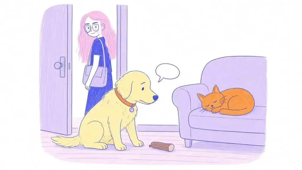 Ilustración de un golden retriever sentado frente a una puerta cerrada, con una mujer de pelo rosa y gafas saliendo de casa