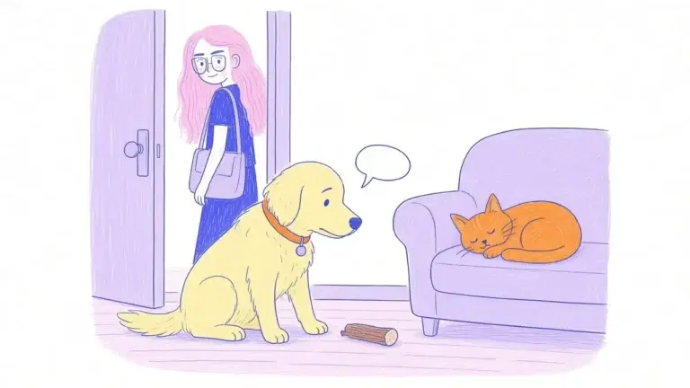 Ilustración de un golden retriever sentado frente a una puerta cerrada, con una mujer de pelo rosa y gafas saliendo de casa