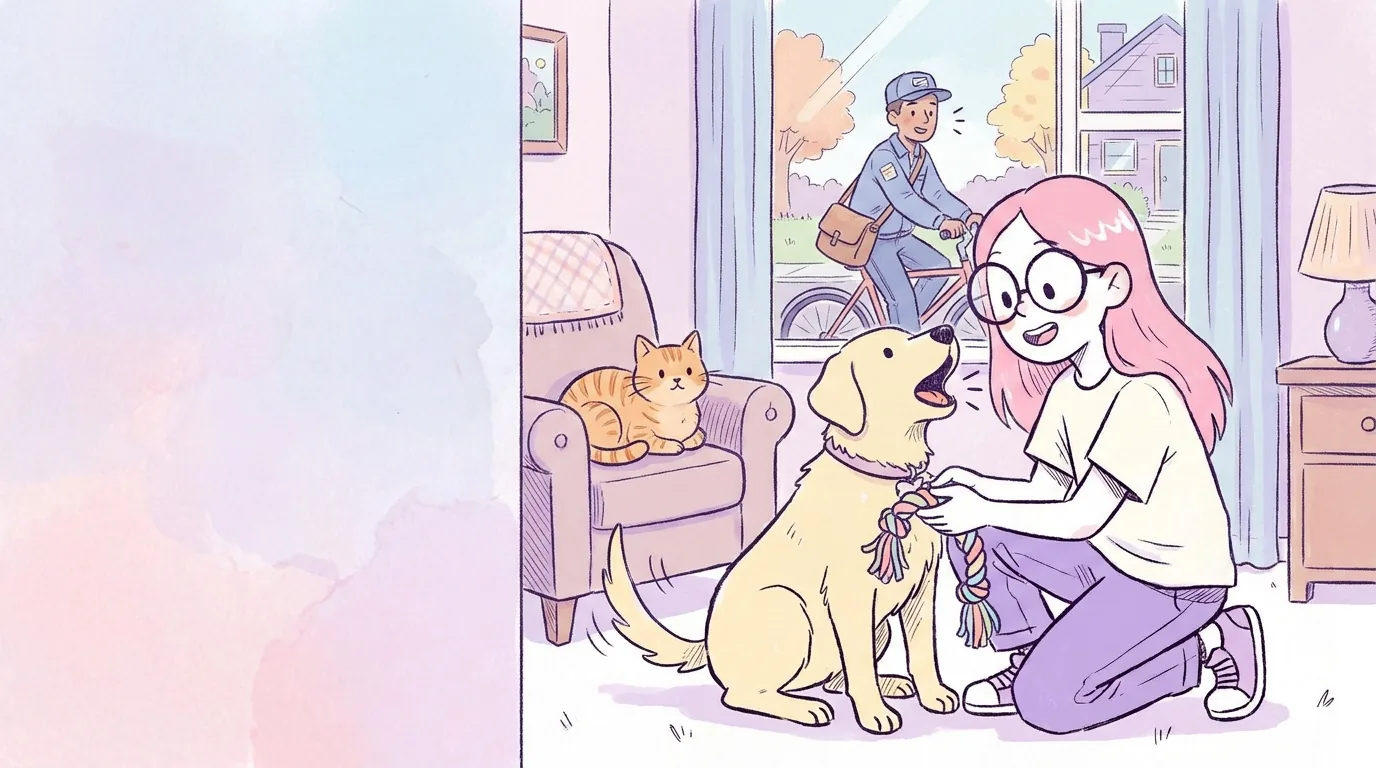 Ilustración: térra ladra hacia la ventana mientras Mila, a su lado, le ofrece un juguete para calmarla; afuera pasa un cartero con bicicleta