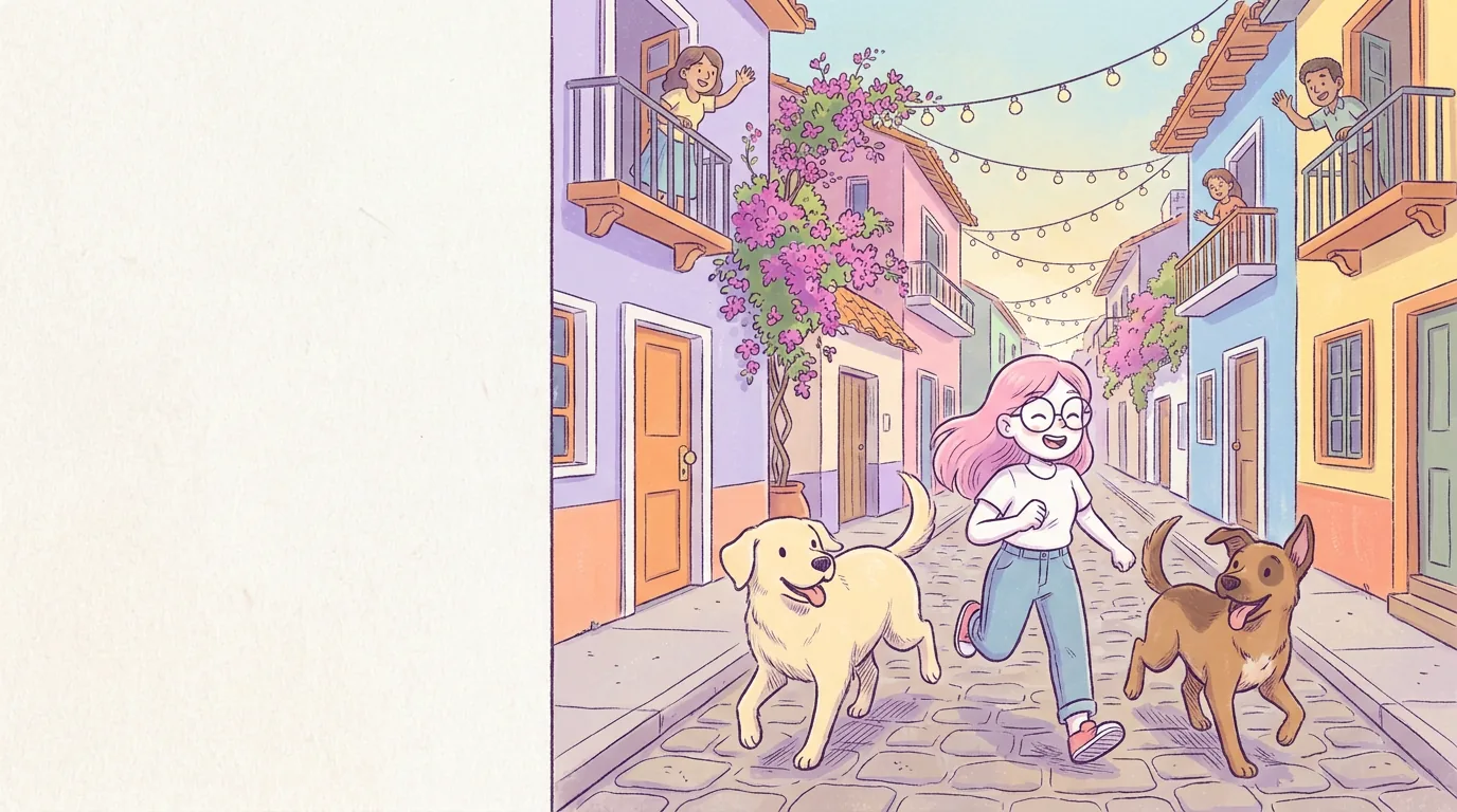 Ilustración: un perro mestizo criollo marrón con una oreja caída corre feliz por un barrio latinoamericano colorido junto a Mila y Térra