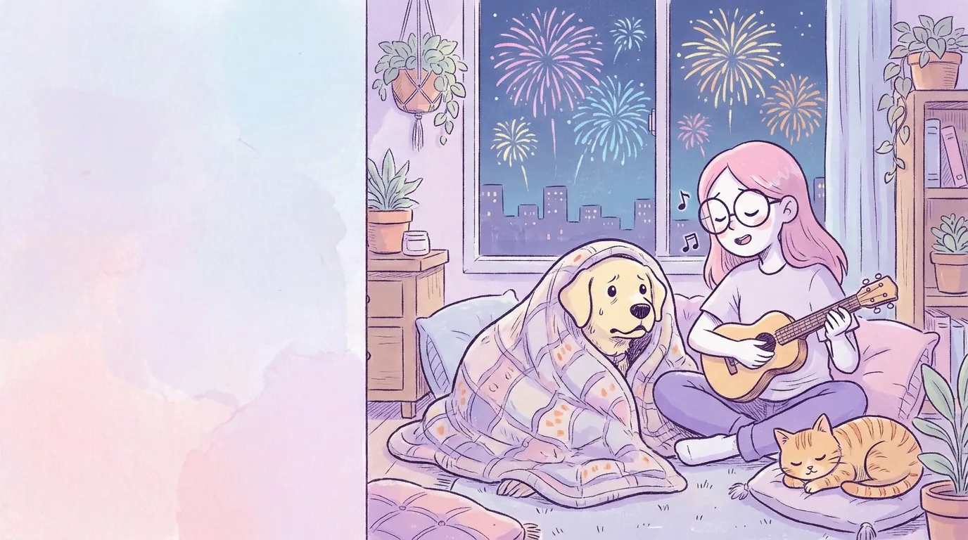 Ilustración: térra se esconde bajo una manta en un rincón acogedor mientras por la ventana se ven fuegos artificiales lejanos; Mila la acompaña con música suave