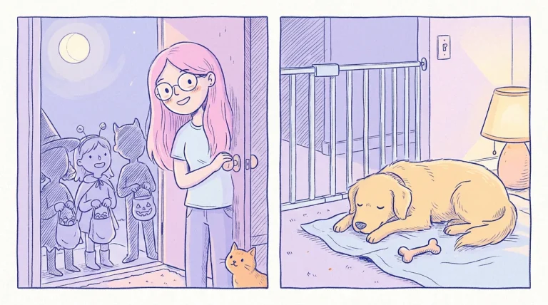 Ilustración de una noche de Halloween: una mujer de pelo rosa abre la puerta a niños disfrazados mientras su golden retriever descansa tranquilo en otro cuarto, detrás de una reja para bebés, sobre una manta y con un juguete