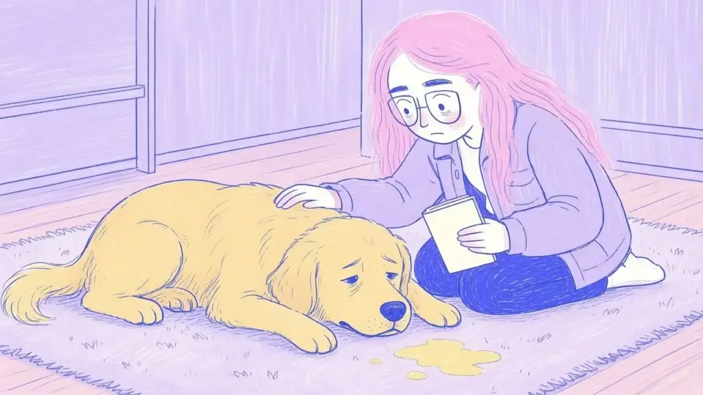 Ilustración de un golden retriever con gesto de malestar sentado junto a una mujer de pelo rosa que lo acaricia con preocupación