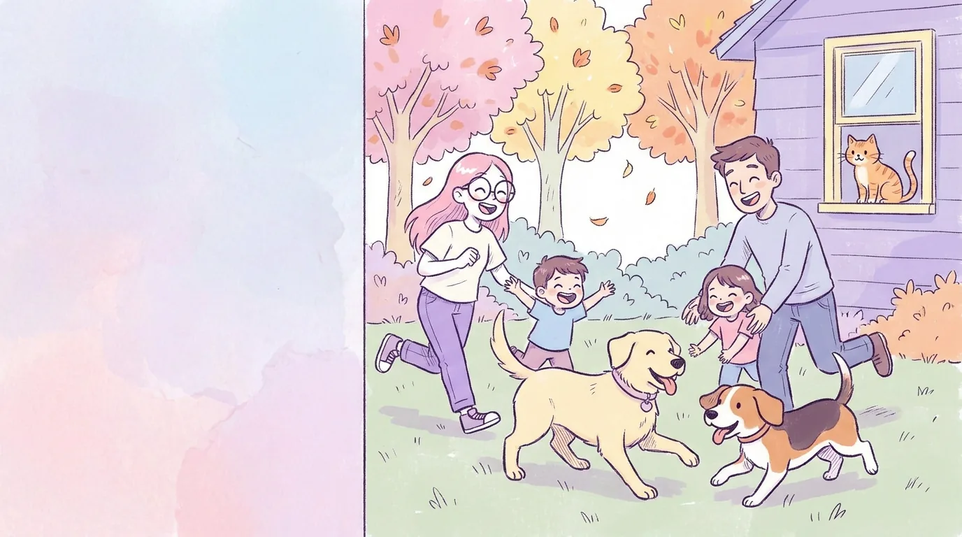 Ilustración: una familia con niños pequeños juega en el jardín con Térra y un perro beagle, todos sonrientes