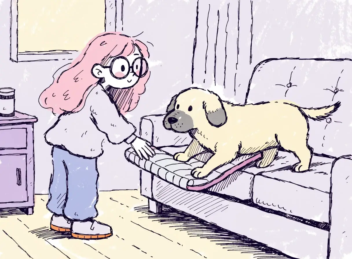 Ilustración de la niña de pelo rosa ofreciendo una rampa baja a Térra, labradora senior, para subir al sofá