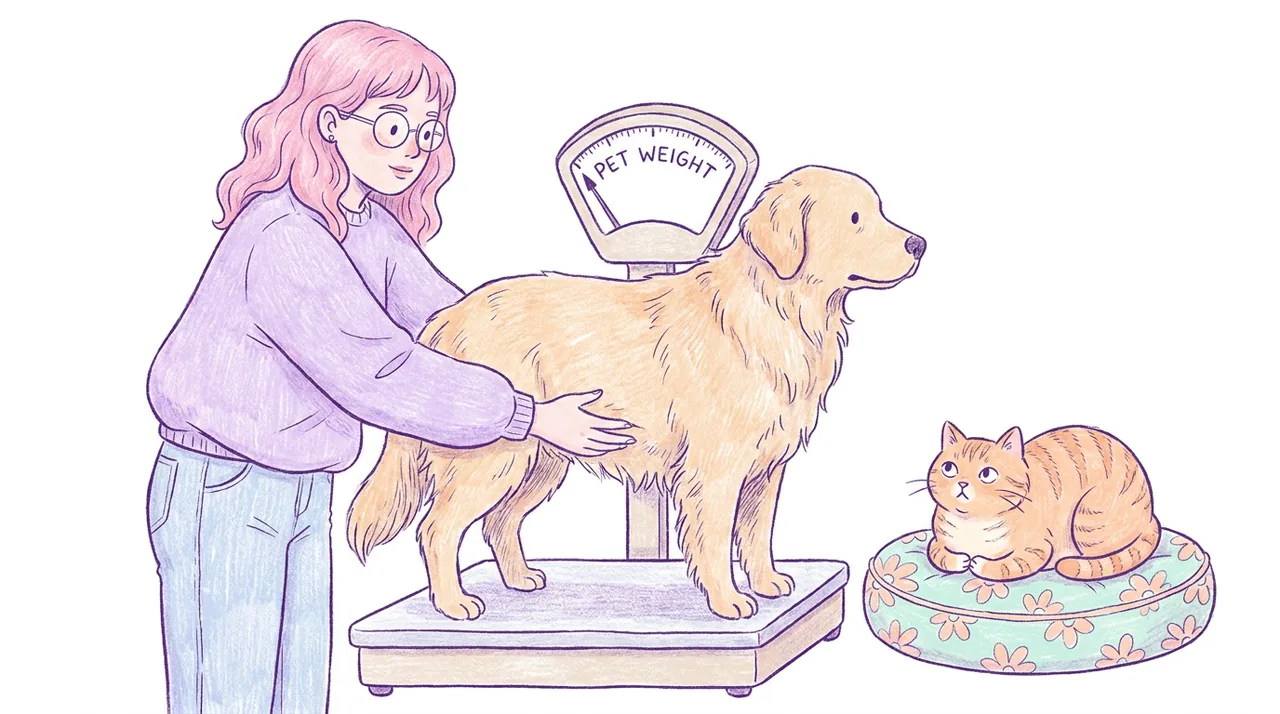 Ilustración de un golden retriever sobre una balanza mientras su dueña de pelo rosa le revisa la cintura y un gato naranja mira desde un cojín