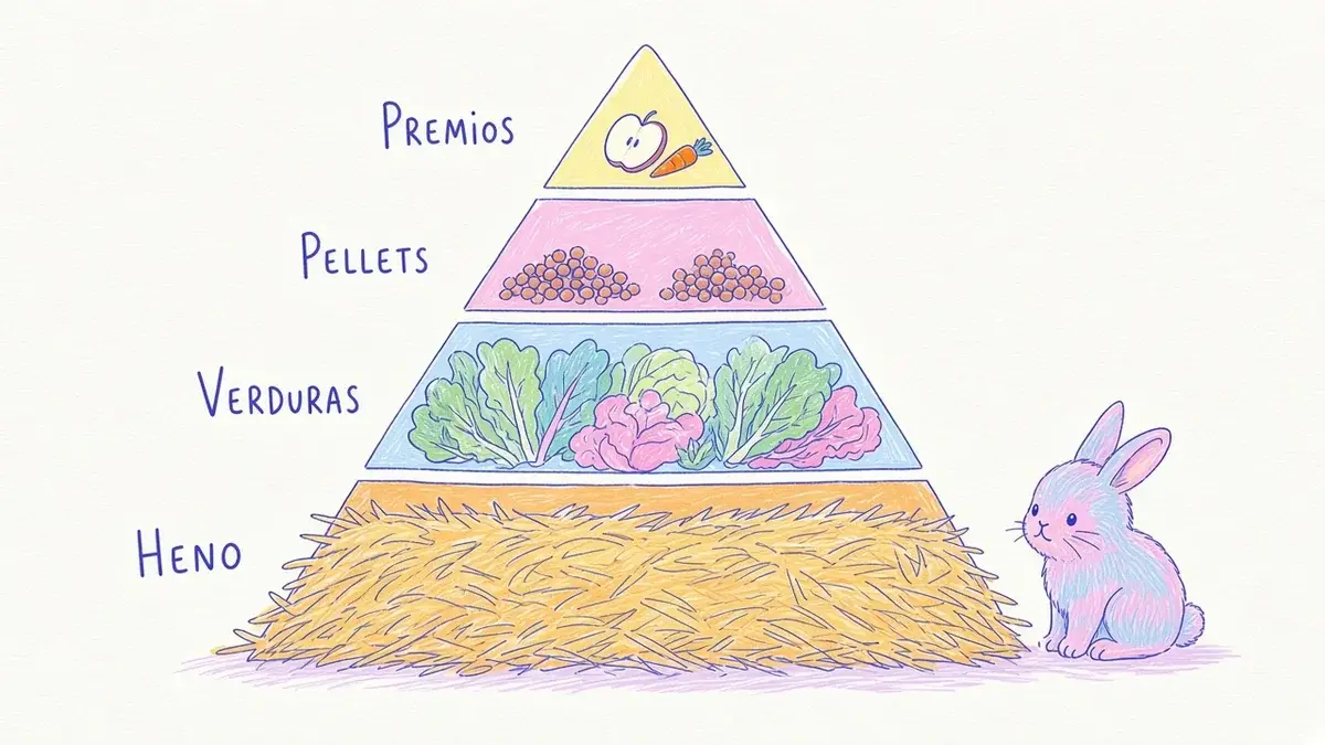 Pirámide de alimentación del conejo adulto Infografía ilustrada de una pirámide con heno en la base, verduras en el centro, pellets arriba y premios en la punta