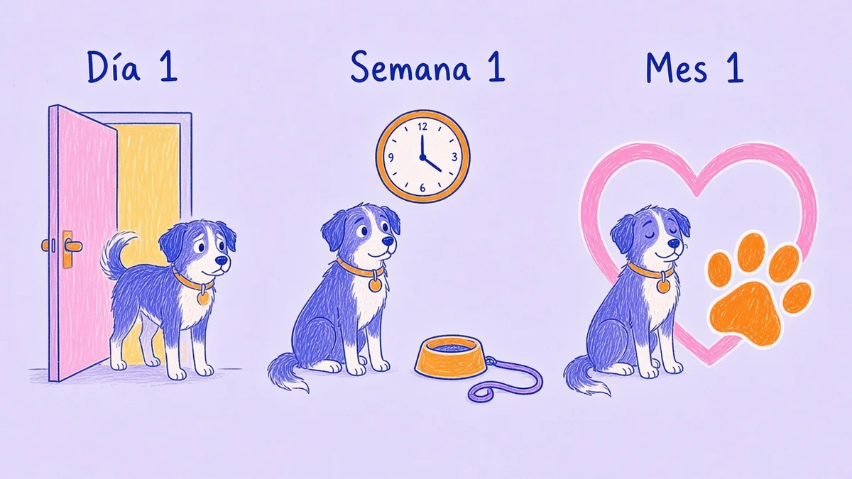 Infografía ilustrada con una línea del tiempo en tres etapas para un perro adoptado: día 1, semana 1 y mes 1