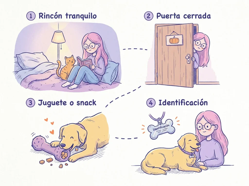 Infografía con cuatro pasos para un perro tranquilo en Halloween: rincón tranquilo con cama y manta, puerta cerrada, juguete relleno o snack, y collar con placa de identificación